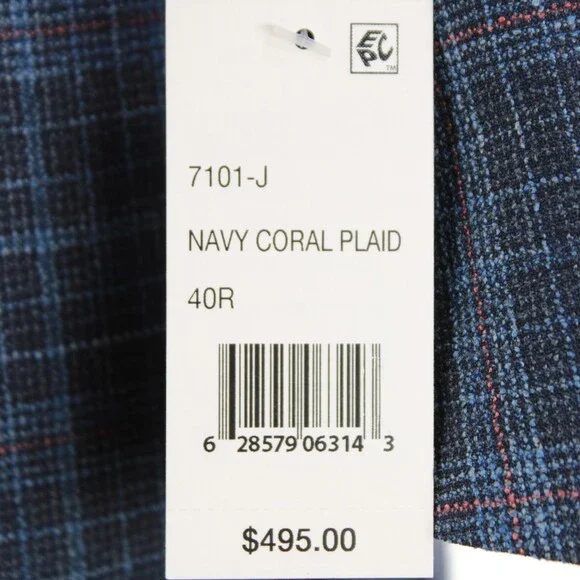 Cardinal of Canada NWT Wool Blend Sport Coat Size 40R US In Blue w/ Coral Plaid